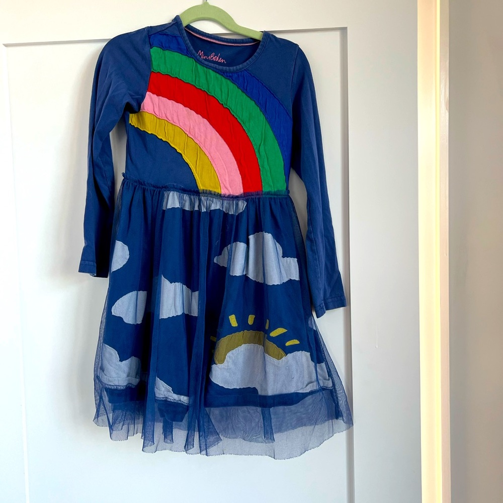 Mini Boden rainbow dress navy blue EUC sz 7-8